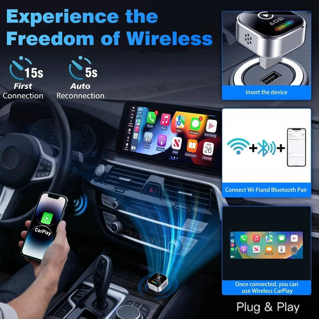 Alt view image 2 of 5 - Wireless CarPlay Adapter for iPhone 2027 Upgraded 4-in-1 Dongle with AirPlay & Screen Mirroring, Low Latency, 5-Second Auto Connect for Wired Cars, Includes USB A/CSilvery
