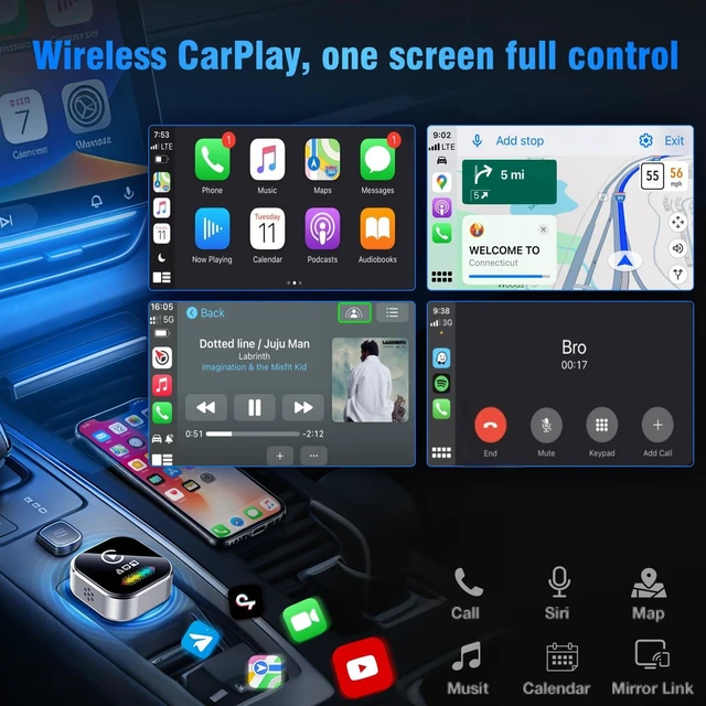 Alt view image 4 of 5 - Wireless CarPlay Adapter for iPhone 2027 Upgraded 4-in-1 Dongle with AirPlay & Screen Mirroring, Low Latency, 5-Second Auto Connect for Wired Cars, Includes USB A/CSilvery