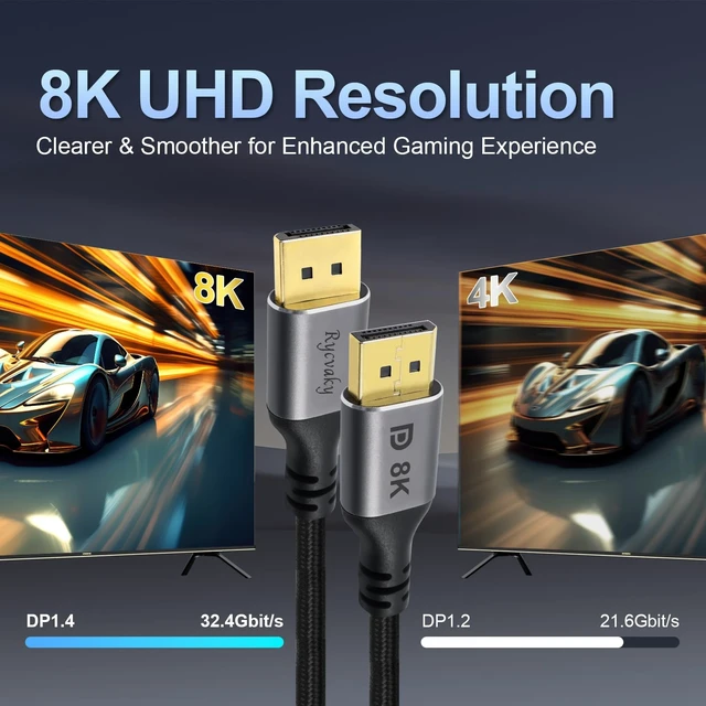 Alt view image 2 of 5 - rycvaky 8K DisplayPort Cable 1.4, High-Speed Display Port Cable for Gaming, Monitor, PC, TV - 4K@120Hz, 2K@240Hz, HDR, FreeSync G-Sync, VESA Certified, Gold-Plated Connectors,30ft, 1pk