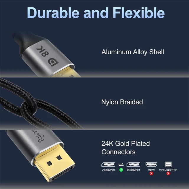Alt view image 5 of 5 - rycvaky 8K DisplayPort Cable 1.4, High-Speed Display Port Cable for Gaming, Monitor, PC, TV - 4K@120Hz, 2K@240Hz, HDR, FreeSync G-Sync, VESA Certified, Gold-Plated Connectors,30ft, 1pk