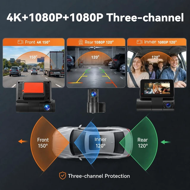 Alt view image 2 of 5 - 3 Channel Dash Cam Front Rear Inside 4K+1080p with WiFi GPS