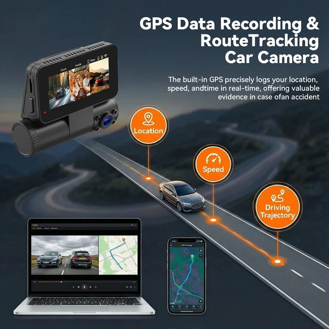 Alt view image 3 of 5 - 3 Channel Dash Cam Front Rear Inside 4K+1080p with WiFi GPS