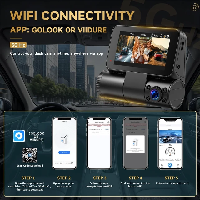 Alt view image 4 of 5 - 3 Channel Dash Cam Front Rear Inside 4K+1080p with WiFi GPS