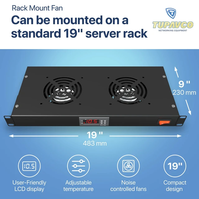 Alt view image 3 of 5 - Rack Mount Fan - 2 Fans 1U 19" w/Adjustable Temperature & Digital Display
