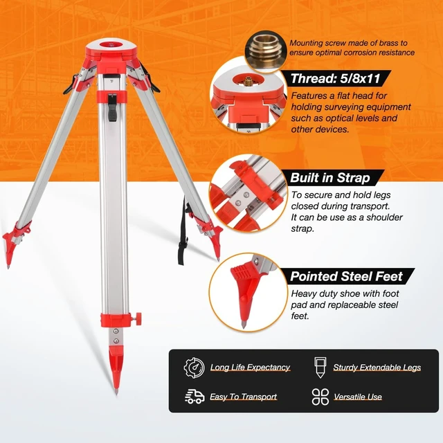 Alt view image 2 of 5 - Surveying Tripod, Aluminum Survey Tripod With 5/8-Inch 11-Threaded Flat Head Quick Clamp for Auto Level Theodolite