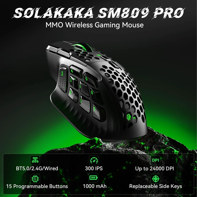 Alt view image 2 of 5 - SM809 Pro Tri-Mode MMO Gaming Mouse, 16 Custom Buttons & 24000 DPI