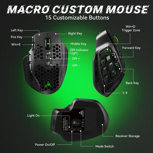 Alt view image 5 of 5 - SM809 Pro Tri-Mode MMO Gaming Mouse, 16 Custom Buttons & 24000 DPI