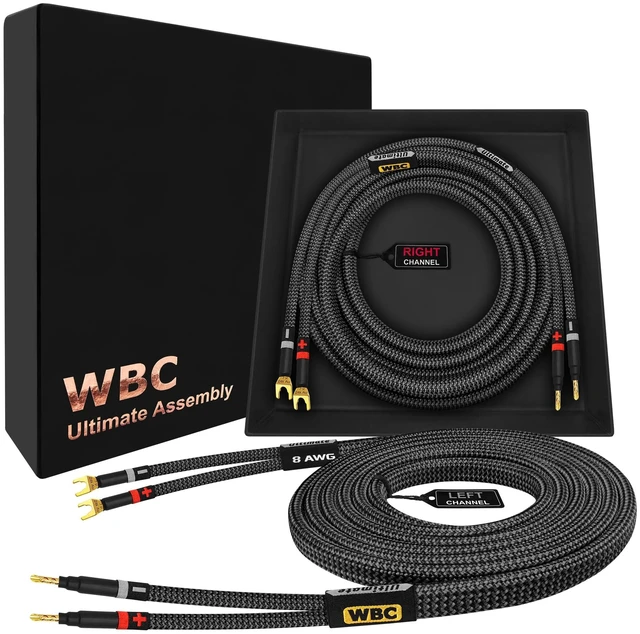 Main image of WORLDS BEST CABLES 6 Foot Ultimate - 8 AWG - Ultra-Pure OFC - Premium Audiophile HiFi Speaker Cable Pair with Eminence Gold Banana (x2) & Spade (x2) Plugs & Carbon Tweed Jacket