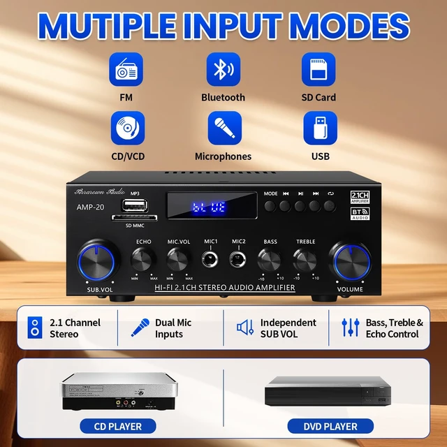 Alt view image 2 of 5 - AMP-20 Bluetooth Stereo Audio Amplifier 2.1 CH Max.800W RMS 50Wx2+70W