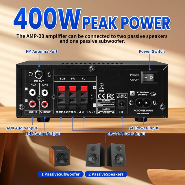 Alt view image 3 of 5 - AMP-20 Bluetooth Stereo Audio Amplifier 2.1 CH Max.800W RMS 50Wx2+70W