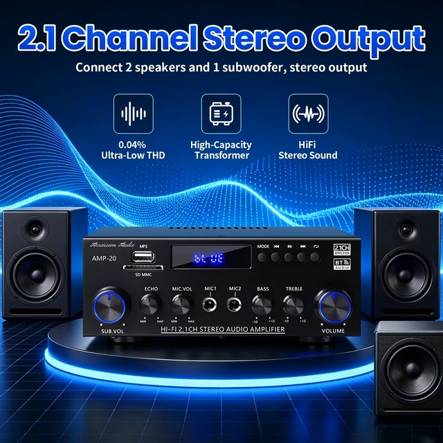 Alt view image 4 of 5 - AMP-20 Bluetooth Stereo Audio Amplifier 2.1 CH Max.800W RMS 50Wx2+70W