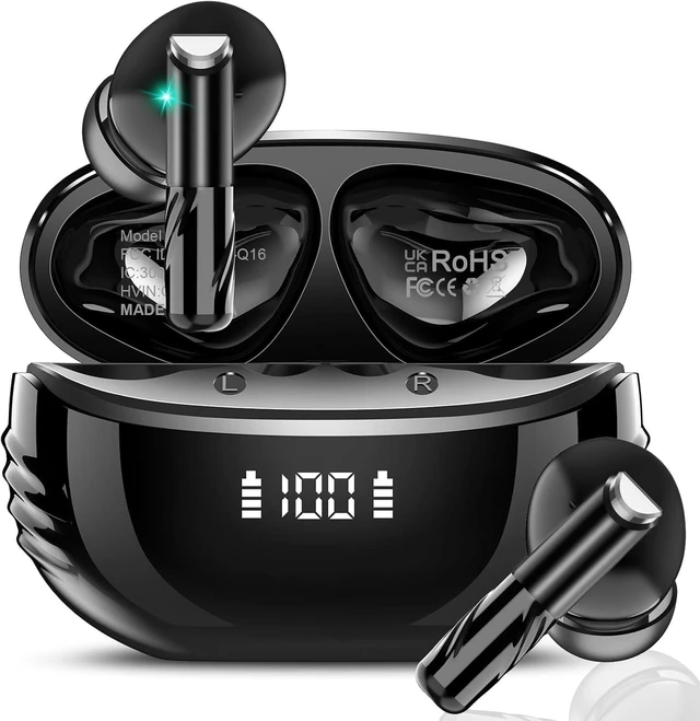 Main image of WXQZXO Wireless Earbuds Bluetooth 5.4 Headphones Ear Buds with ENC Noise Cancelling, 48H Playback in Ear Earphones with LED Display, IP7 Waterproof Earbuds for Sport Workout, Black