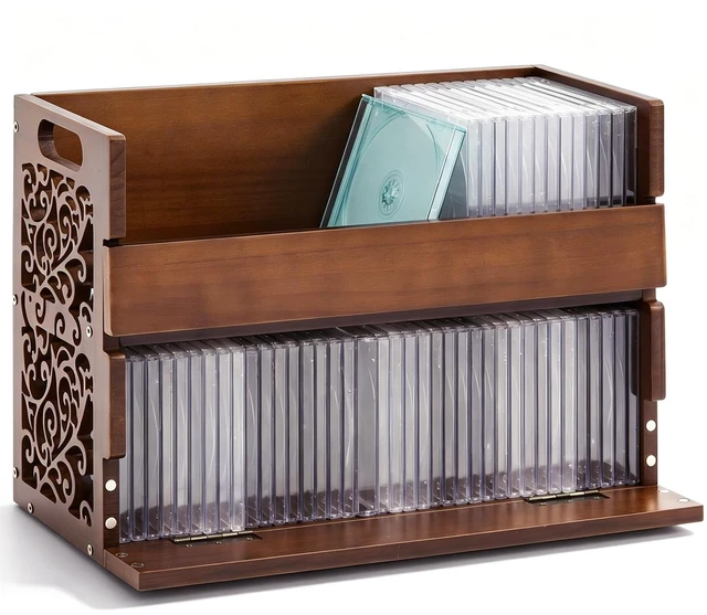 Main image of CroBlissful 2-Tier Wooden CD Storage Holder, Cutout Brown CD Display Shelf Rack with Carrying Handles, Decorative CDs Organizer for DVDs, Movie Cases and Cassette Tapes, Holds up to 72 CDs