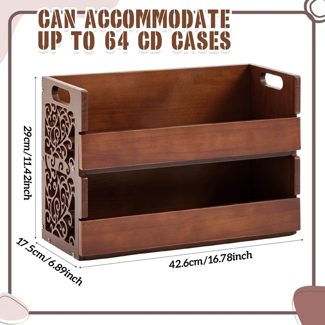 Alt view image 2 of 5 - CroBlissful 2-Tier Wooden CD Storage Holder, Cutout Brown CD Display Shelf Rack with Carrying Handles, Decorative CDs Organizer for DVDs, Movie Cases and Cassette Tapes, Holds up to 72 CDs