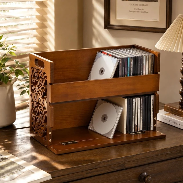 Alt view image 4 of 5 - CroBlissful 2-Tier Wooden CD Storage Holder, Cutout Brown CD Display Shelf Rack with Carrying Handles, Decorative CDs Organizer for DVDs, Movie Cases and Cassette Tapes, Holds up to 72 CDs