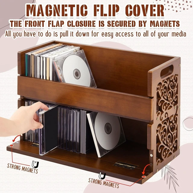 Alt view image 3 of 5 - CroBlissful 2-Tier Wooden CD Storage Holder, Cutout Brown CD Display Shelf Rack with Carrying Handles, Decorative CDs Organizer for DVDs, Movie Cases and Cassette Tapes, Holds up to 72 CDs
