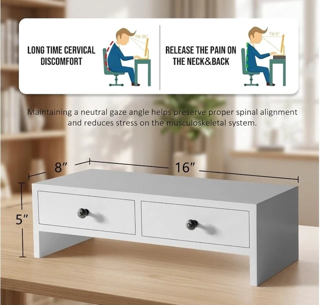 Alt view image 4 of 5 - WELLAND Monitor Stand Riser with Drawers, Computer Monitor Stand, Desktop Organizer Stand for Laptop, PC, Office Supplies, White