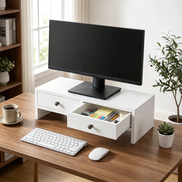 Alt view image 3 of 5 - WELLAND Monitor Stand Riser with Drawers, Computer Monitor Stand, Desktop Organizer Stand for Laptop, PC, Office Supplies, White