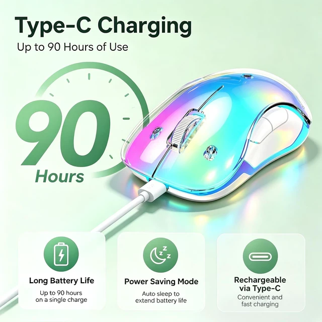 Alt view image 2 of 5 - qaf 2.4G Wireless RGB LED Rechargeable Mouse, Transparent Computer Mouse with Detachable Magnetic Cover, 1400 DPI Optical Tracking, 5 Buttons, USB Receiver for Laptop PC Desktop MacBook (Green)