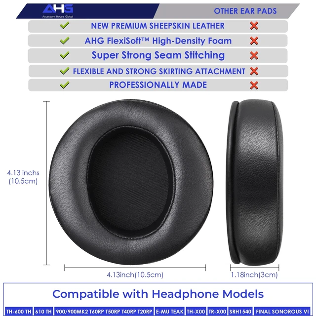 Alt view image 3 of 5 - AHG Accessory House Global Sheepskin Leather Replacement Ear Pads Compatible with Fostex TH-600 TH-610 TH-900 T60RP T50RP T40RP Massdrop TH-X00 TR-X00 Shure SRH1540 Final Sonorous III VI Headphones