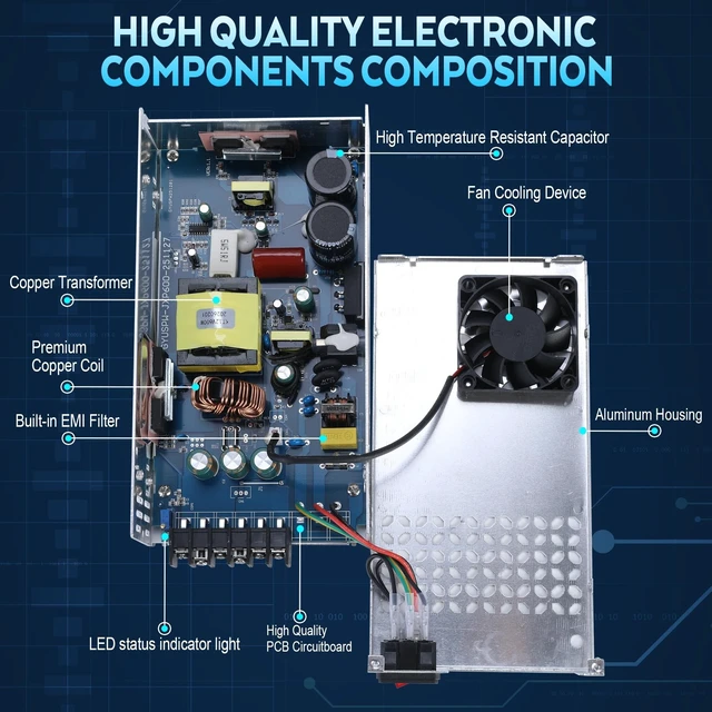 Alt view image 5 of 5 - BOSYTRO Upgraded 12V DC Power Supply 600W 50A 110v to 12v Converter Switching Power Supply for Led Strip, CCTV, 3D Printer, Motor Pump, Electronic Instruments, Lab Computer, Without Power Cord
