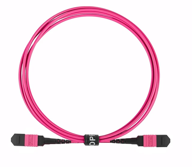 Main image of OPFI MPO Fiber Cable, Type B, 12 Fibers, Multimode-OM4, Magenta, for 40G QSFP+/100G QSFP28 transceiver, MTP Compatible. (16ft, Male to Female)