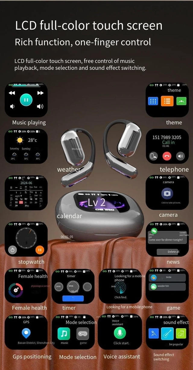 Alt view image 2 of 5 - QYNIQIAN Open-Ear Wireless Earbuds Bluetooth 5.4 Headphones with Intelligent Touch Screen & Earhook, 40Hrs Playback Sport Ear Buds Earphones,Ultra-Comfort Design,Compatible with iPhone & Androi