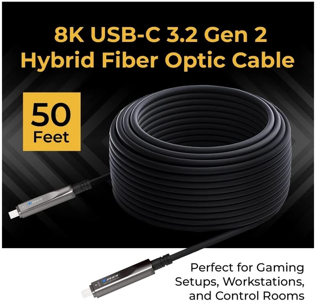 Alt view image 2 of 5 - OREI 8K USB-C 3.2 Fiber Optic Cable 50ft 10Gbps, 100W PD, DP Alt Mode