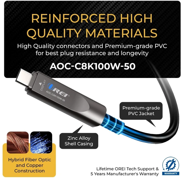 Alt view image 5 of 5 - OREI 8K USB-C 3.2 Fiber Optic Cable 50ft 10Gbps, 100W PD, DP Alt Mode
