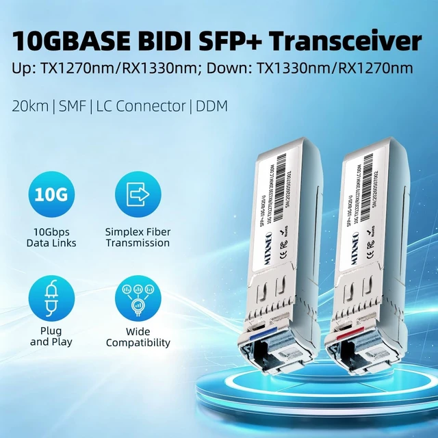 Alt view image 2 of 5 - A Pair of 10G SFP+ Bidi Transceiver LC Single-Mode 20km Single Fiber Module 10GBASE-BIDI 1270nm/1330nm for Cisco, Ubiquiti UniFi, Mikrotik, and More