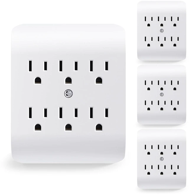 Main image of AIDA 6 Outlet Extender, 2 to 6 Grounded 3-Prong Wall Tap Adapter, Space Saving Outlet Splitter, 15A 125V Multi Plug for Home, Office, Dorm, White, 4 Pack