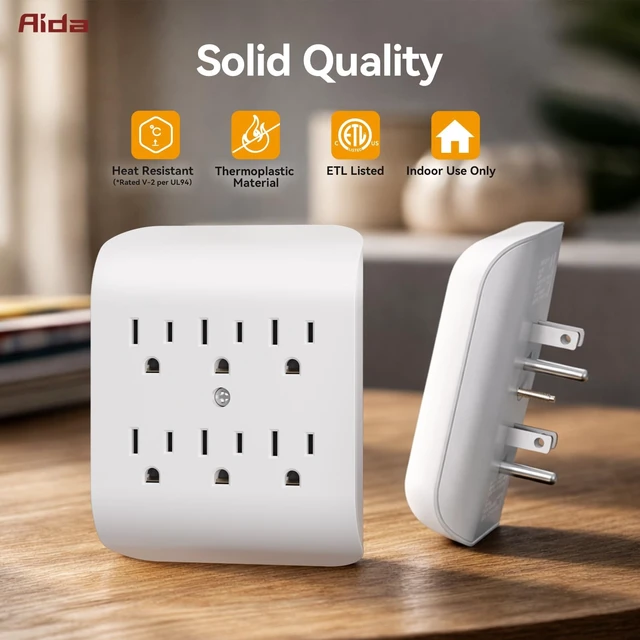 Alt view image 2 of 5 - AIDA 6 Outlet Extender, 2 to 6 Grounded 3-Prong Wall Tap Adapter, Space Saving Outlet Splitter, 15A 125V Multi Plug for Home, Office, Dorm, White, 4 Pack