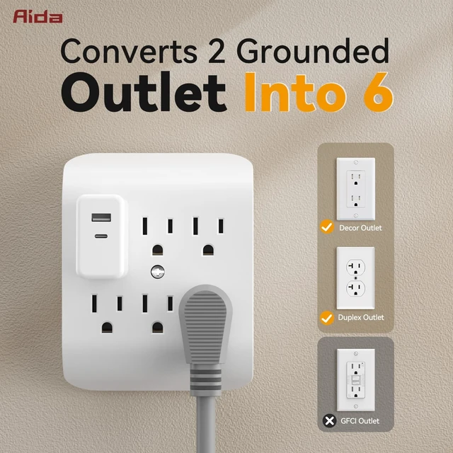 Alt view image 3 of 5 - AIDA 6 Outlet Extender, 2 to 6 Grounded 3-Prong Wall Tap Adapter, Space Saving Outlet Splitter, 15A 125V Multi Plug for Home, Office, Dorm, White, 4 Pack