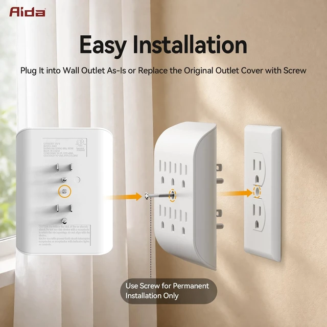 Alt view image 4 of 5 - AIDA 6 Outlet Extender, 2 to 6 Grounded 3-Prong Wall Tap Adapter, Space Saving Outlet Splitter, 15A 125V Multi Plug for Home, Office, Dorm, White, 4 Pack