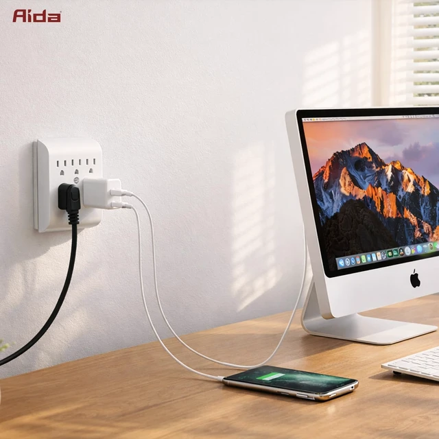Alt view image 5 of 5 - AIDA 6 Outlet Extender, 2 to 6 Grounded 3-Prong Wall Tap Adapter, Space Saving Outlet Splitter, 15A 125V Multi Plug for Home, Office, Dorm, White, 4 Pack