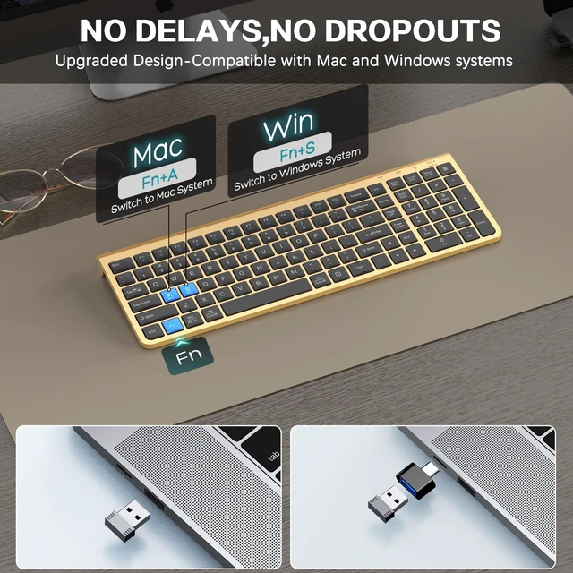 Alt view image 3 of 5 - JOYACCESS Black Gold Wireless Keyboard with Low-Profile Keys - 2.4GHz Full-Sized,Windows & Mac OS, Quiet,Ergonomic Keyboard for Computer, Laptop, PC, Mac,Windows- Gold