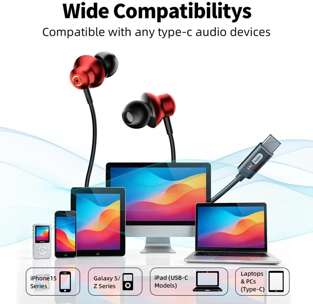 Alt view image 3 of 5 - BYZMODLX Wired Earbuds with ENC Noise Canceling Mic, Deep Bass Stereo Wired Earphones, Plug in USB C/Type C Headphones Compatible with iPhone 17/16/15, Samsung, Android, Gaming, Laptop, Clear Ca