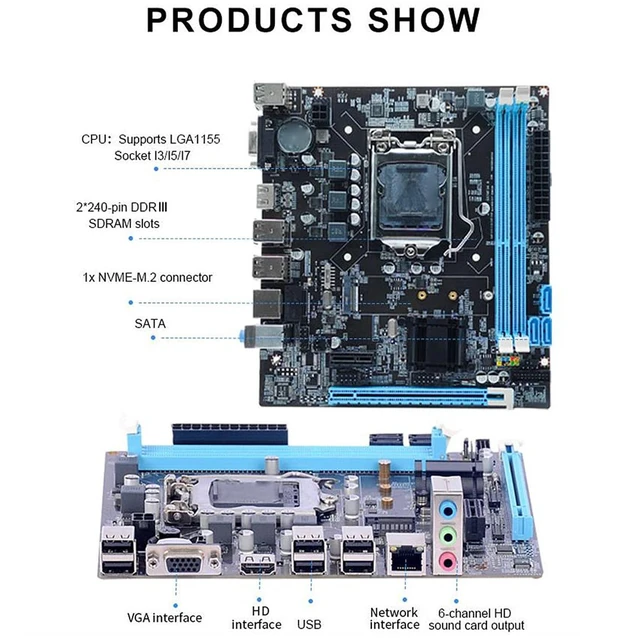 Alt view image 3 of 5 - H61 LGA 1155 Motherboard, Micro ATX Computer Motherboard, Double DDR3, HDMI VGA, 1000M LAN, SATA 2.0, USB 2.0, M.2 NVMe NGFF, for LGA1155 Socket i3/i5/i7