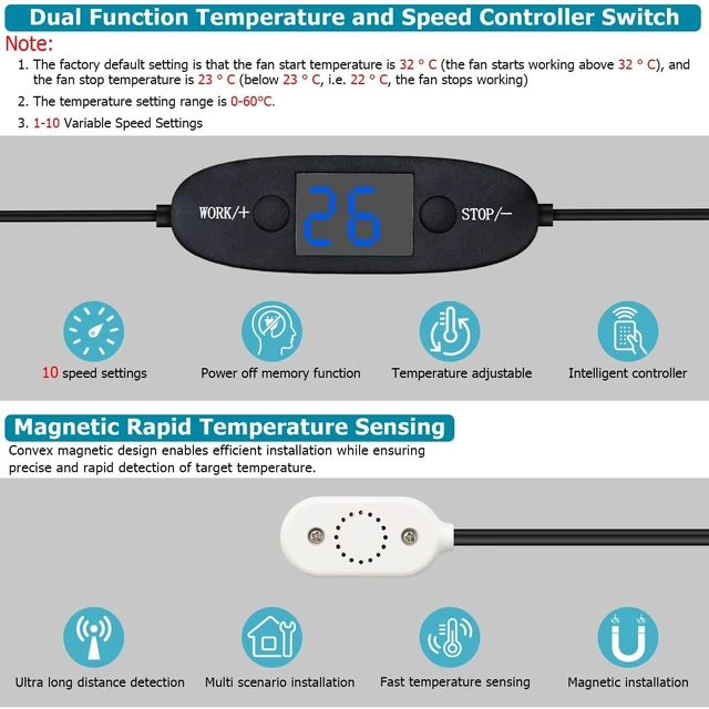 Alt view image 3 of 5 - SCCCF Dual 120mm Thermostat-Controlled Cabinet Cooling Fan 5V/12V Dual Voltage, 10-Speed Adjustable, Ultra-Quiet for Server Racks,AV Cabinets,RVs& Greenhouses