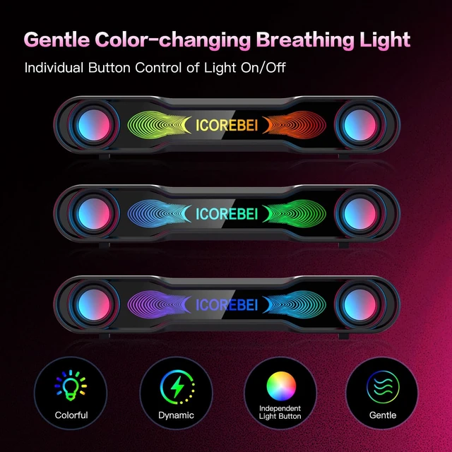 Alt view image 2 of 5 - ICOREBEI Computer Speakers for Desktop PC, Bluetooth Soundbar with Deep Bass, 3-Mode RGB Lighting, USB-C/USB Plug-and-Play for Gaming, Home Office & Movies, Gamers and Remote Workers