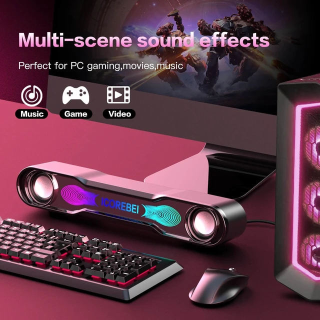 Alt view image 3 of 5 - ICOREBEI Computer Speakers for Desktop PC, Bluetooth Soundbar with Deep Bass, 3-Mode RGB Lighting, USB-C/USB Plug-and-Play for Gaming, Home Office & Movies, Gamers and Remote Workers