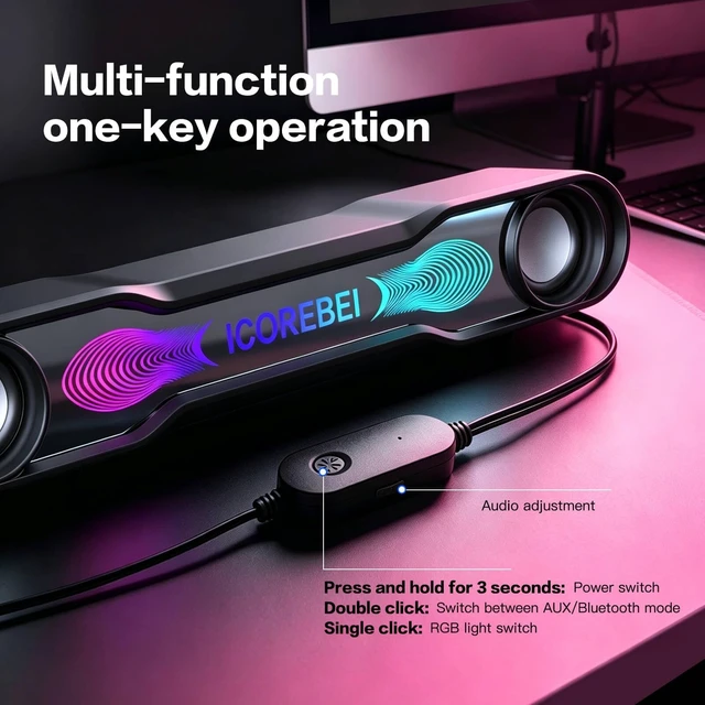 Alt view image 5 of 5 - ICOREBEI Computer Speakers for Desktop PC, Bluetooth Soundbar with Deep Bass, 3-Mode RGB Lighting, USB-C/USB Plug-and-Play for Gaming, Home Office & Movies, Gamers and Remote Workers