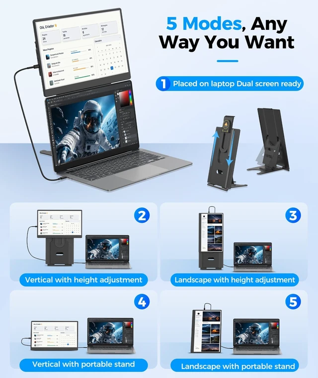 Alt view image 3 of 5 - 15.6 Laptop Screen Extender, 5 Modes & 360 Rotating Portable Monitor