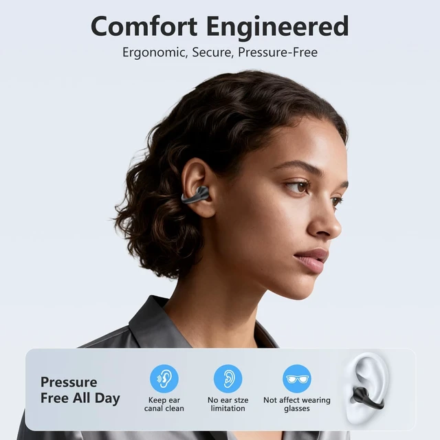 Alt view image 2 of 5 - 2026 Open Ear Bone Conduction Headphones Bluetooth 5.4 Wireless Clip On Earbuds with Digital Display Charging Case 60Hours Playtime Sport Earphones Built-in Mic Waterproof for Running Fitness E