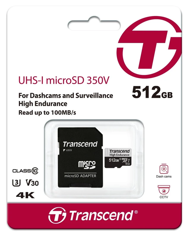 Alt view image 3 of 5 - Transcend 512GB USD350V High Endurance microSD Card, 100MB/s, U3, C10, V30