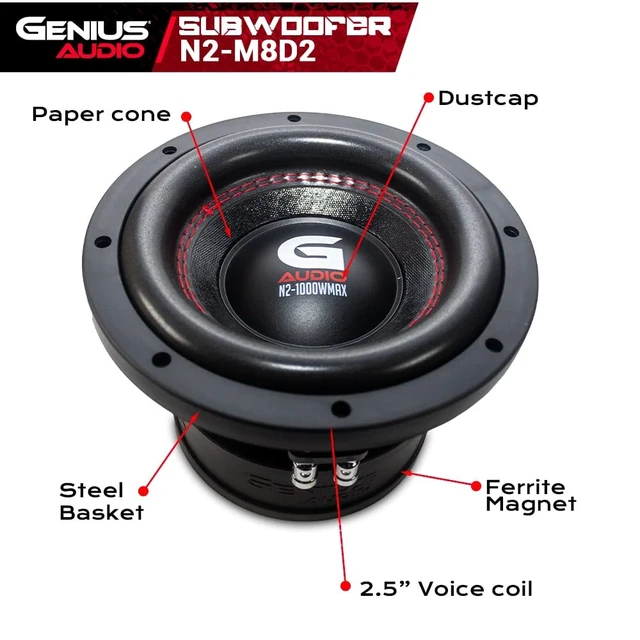 Alt view image 2 of 5 - Genius Audio N2-M8D2 8", 500 Watts RMS - 1000 Watts Max, High Power Pro Audio Subwoofer Speaker, Steel Basket Car Audio Speaker, Ferrite Magnet, 2 Ohm, Copper Coil, Reinforced Paper Cone (1 Speaker)