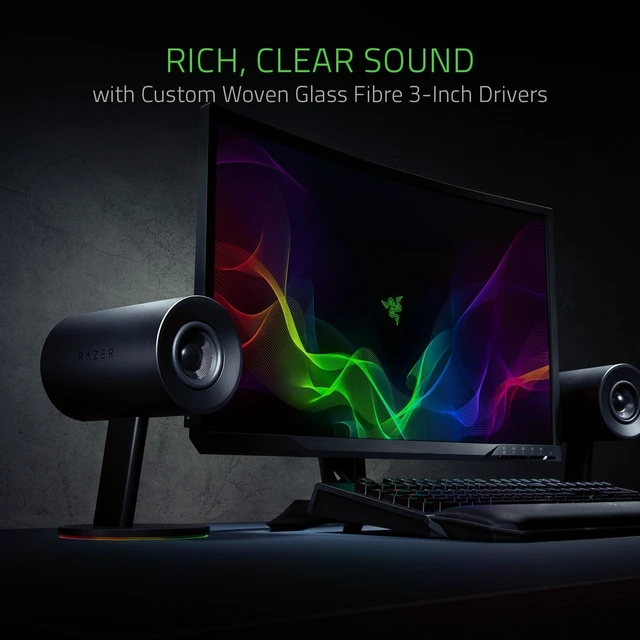 Alt view image 3 of 5 - Razer Nommo Chroma: Custom Woven 3" Glass Fiber Drivers - Rear-Facing Bass Ports - Bass Knob w/Automatic Gain Control Chroma Enabled - Full Range 2.0 PC Gaming Speakers, Black