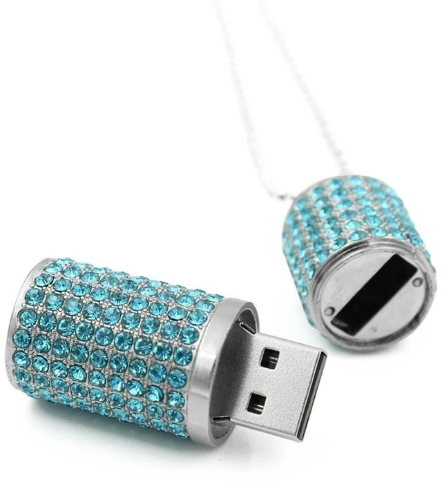 Alt view image 3 of 4 - WooTeck 128GB USB 3.0 Flash Drive,Bling Rhinestone Diamond Crystal Glitter Lipstick Case Shining Jewelry with Necklace,Lakeblue