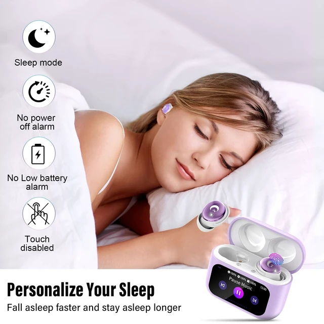 Alt view image 3 of 5 - VEKJ Sleep Earbuds Bluetooth Crystal-Clear Calls, IPX7 Waterproof Earphones Lilac
