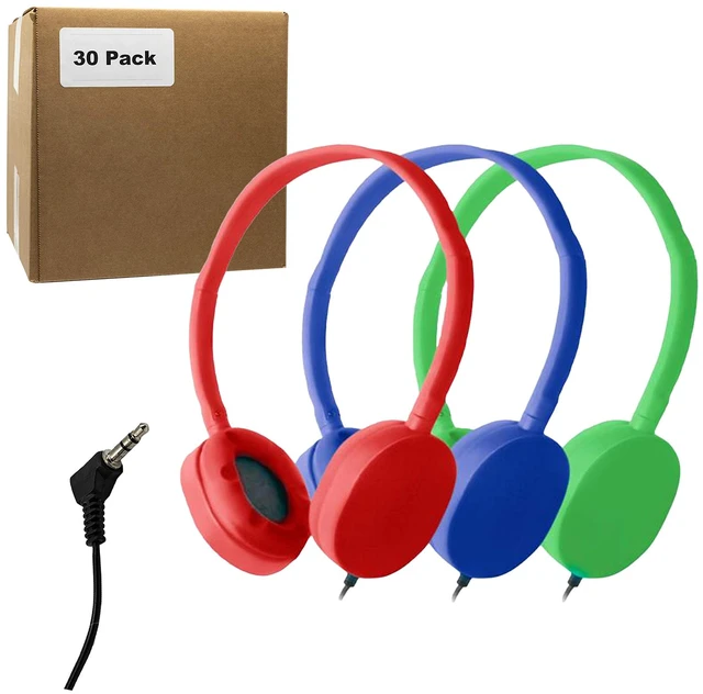 Main image of Bulk Headphones for School Library Classroom Airplane Hospital Museum Hotel Tours Gym Students Adjustable Disposable Reusable Comfortable Compact and Easy to Store Headsets (30Pack, BlueRedGreen)